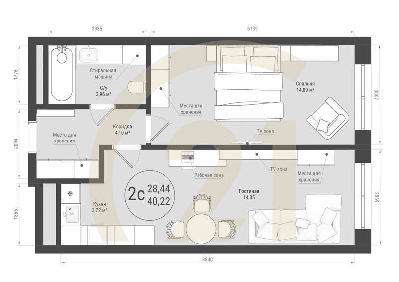 2-комн, 40.22 м², 26-32 этаж
