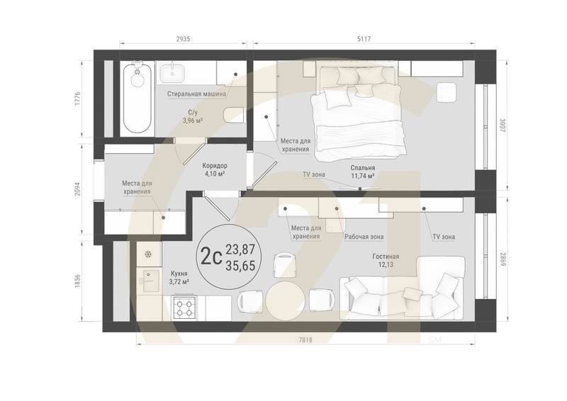 2-комн, 35.65 м², 5-24 этаж