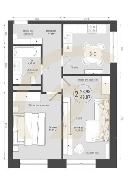 2-комн, 49.87 м², 4-30 этаж