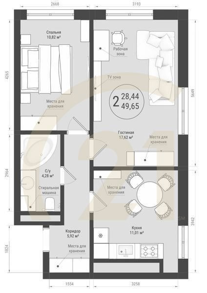 2-комн, 49.65 м², 5-32 этаж