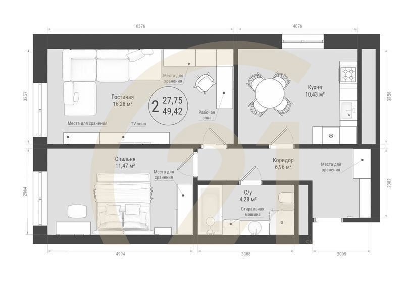 2-комн, 49.42 м², 5-24 этаж