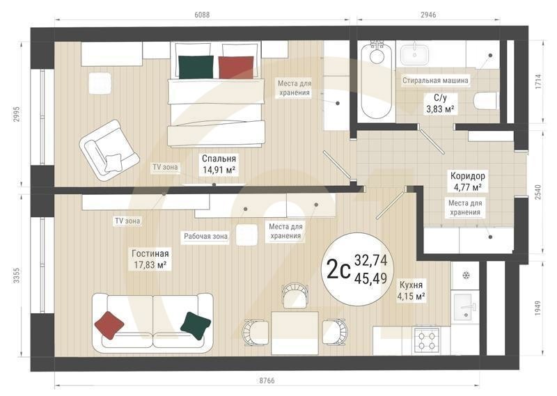 2-комн, 45.49 м², 26-32 этаж