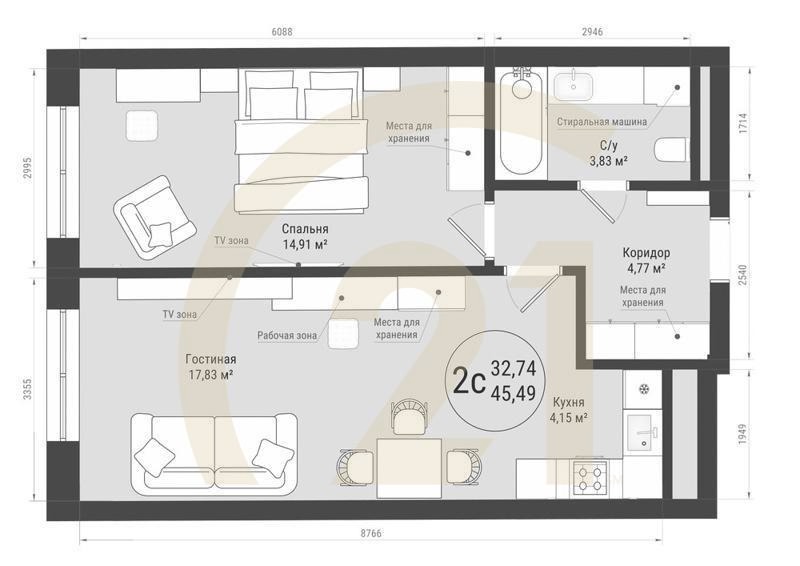 2-комн, 45.49 м², 26-32 этаж
