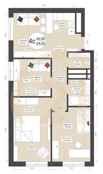 4-комн, 65.55 м², 5-32 этаж