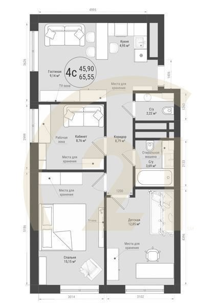 4-комн, 65.55 м², 5-32 этаж