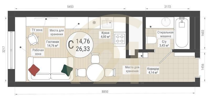 Студия, 26.33 м², 26-32 этаж