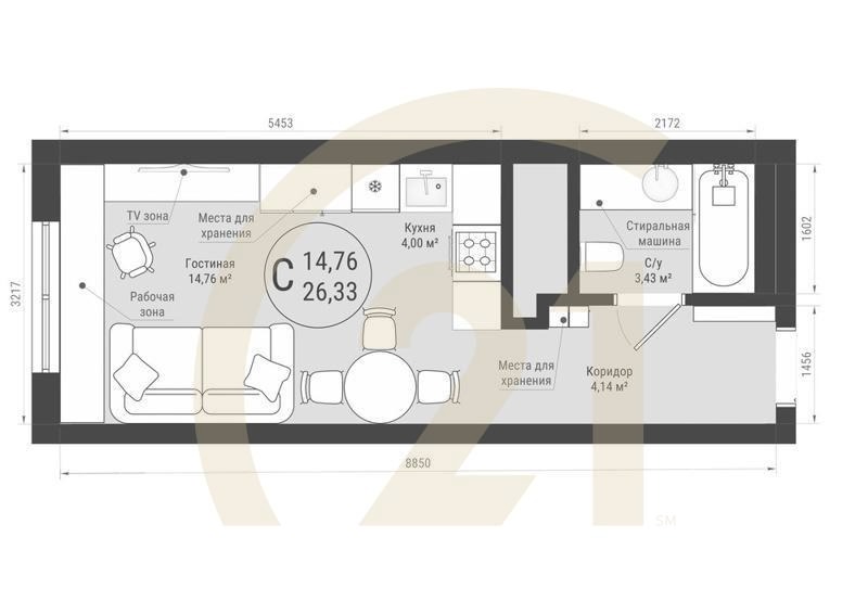 Студия, 26.33 м², 26-32 этаж
