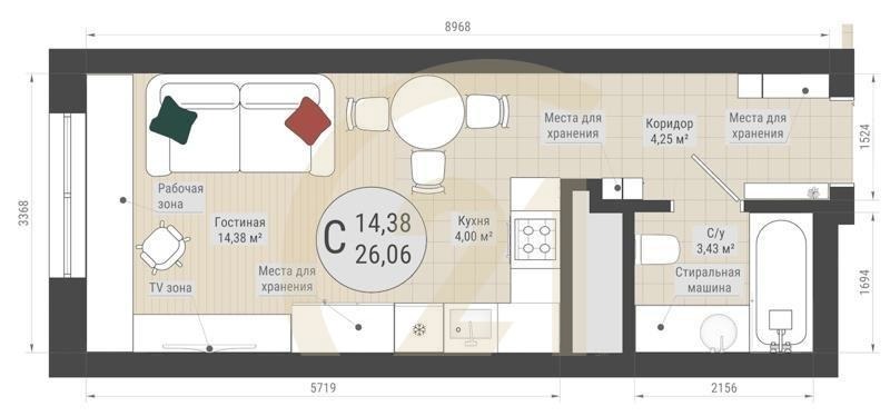 Студия, 26.06 м², 26-32 этаж