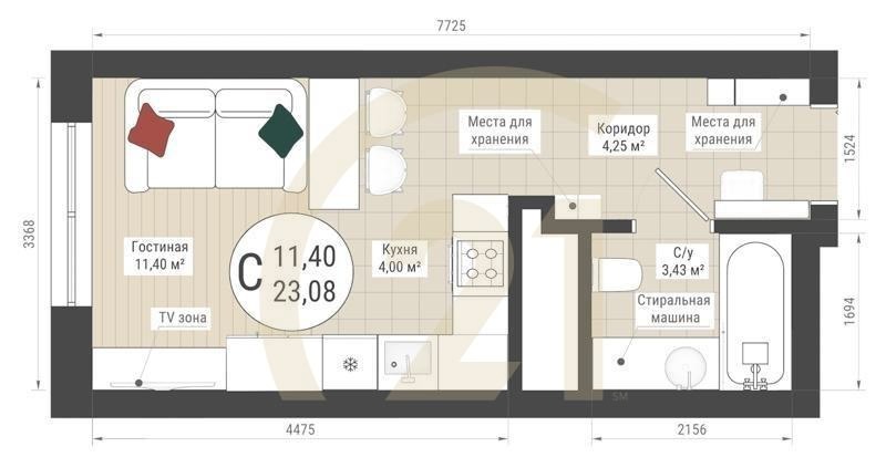 Студия, 23.08 м², 5-25 этаж