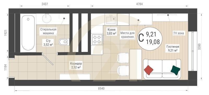 Студия, 19.08 м², 21-32 этаж
