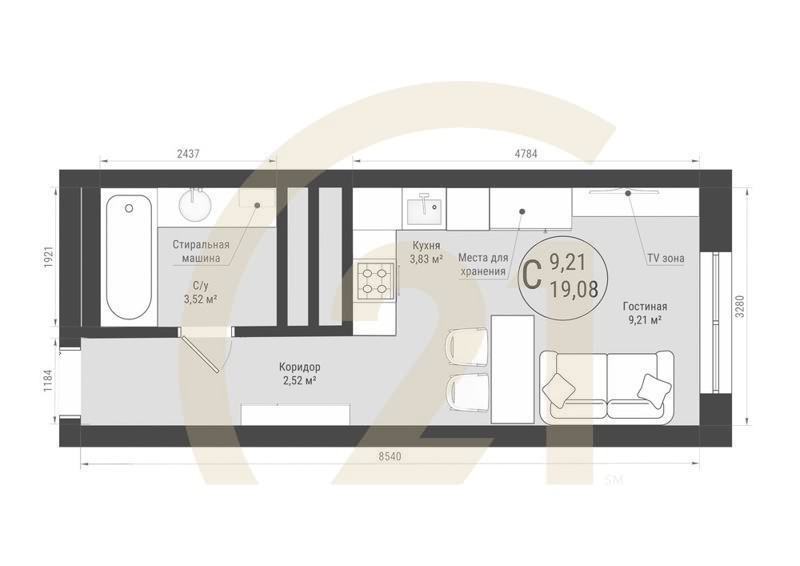 Студия, 19.08 м², 21-32 этаж