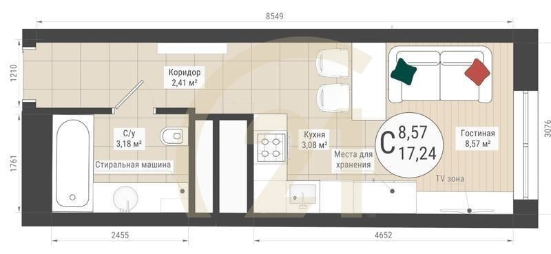 Студия, 17.24 м², 5-32 этаж