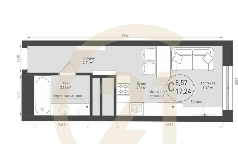 Студия, 17.24 м², 5-32 этаж