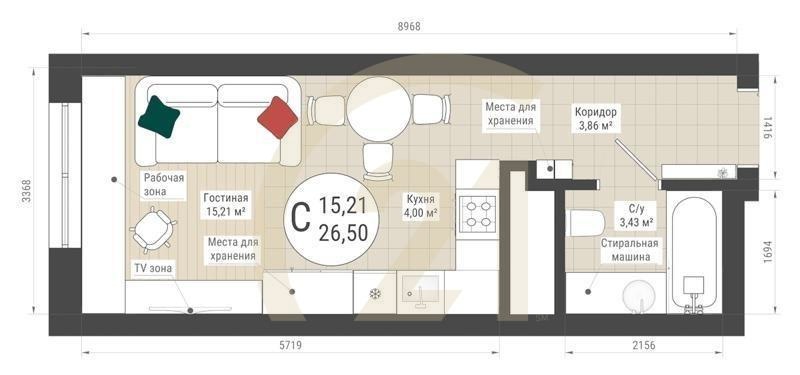 Студия, 26.5 м², 27-32 этаж
