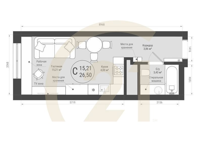 Студия, 26.5 м², 27-32 этаж