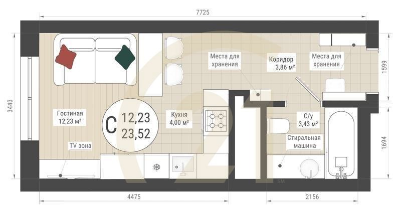 Студия, 23.52 м², 5-25 этаж