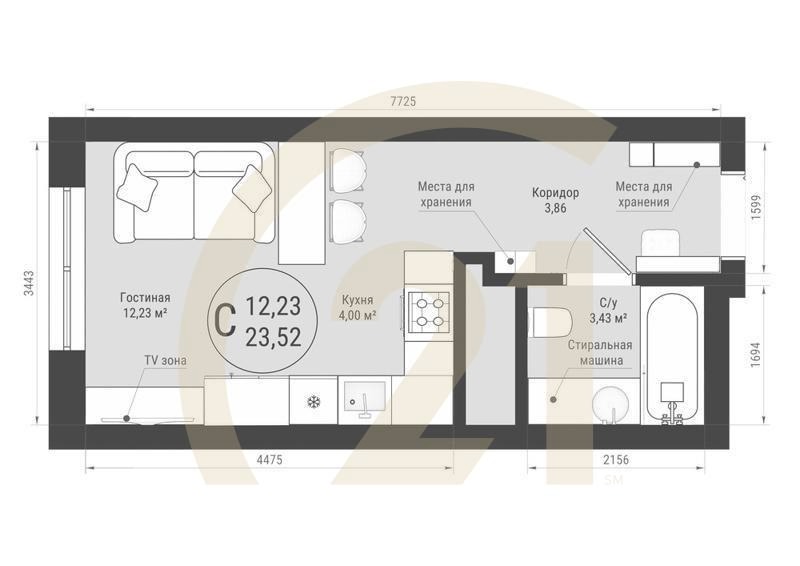 Студия, 23.52 м², 5-25 этаж