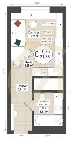 Студия, 21.55 м², 5-32 этаж
