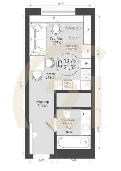Студия, 21.55 м², 5-32 этаж
