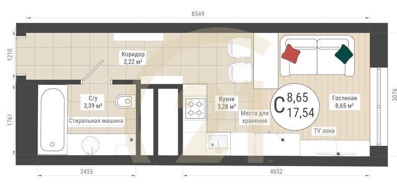 Студия, 17.54 м², 5-32 этаж