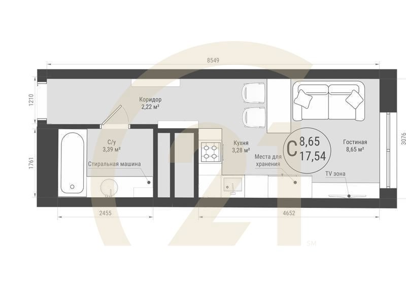 Студия, 17.54 м², 5-32 этаж