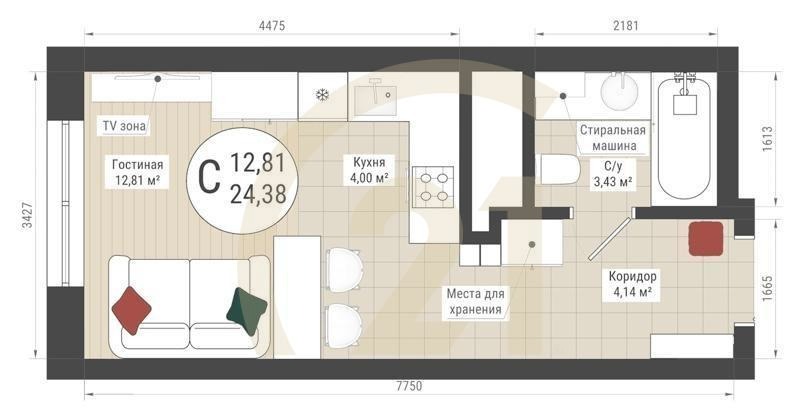 Студия, 24.38 м², 5-24 этаж