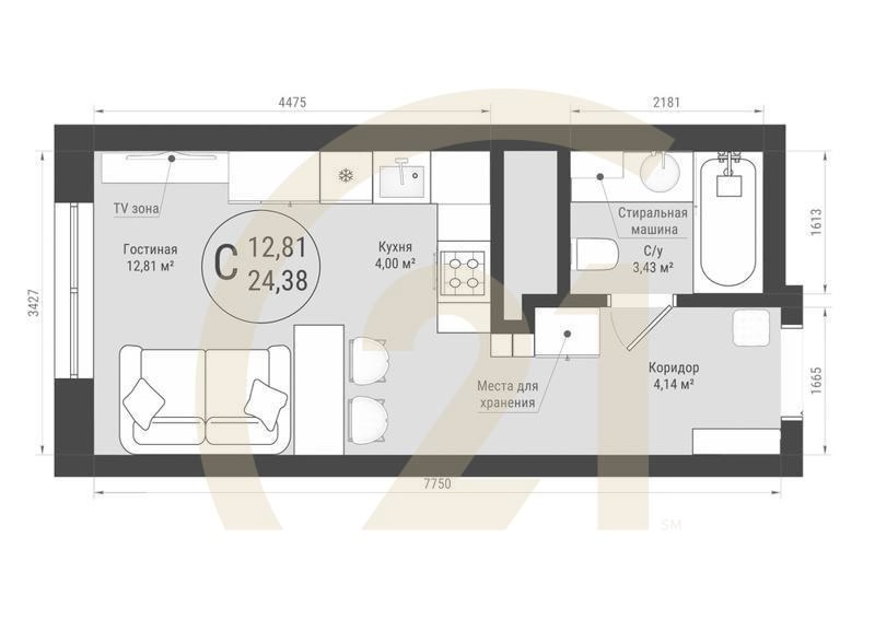 Студия, 24.38 м², 5-24 этаж