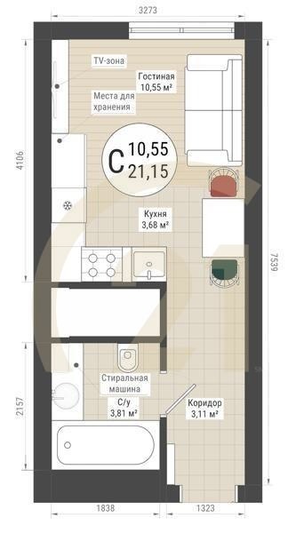 Студия, 21.15 м², 5-32 этаж