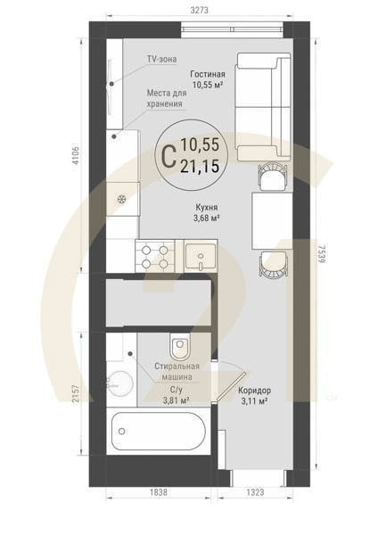 Студия, 21.15 м², 5-32 этаж