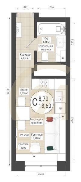 Студия, 18.6 м², 21-32 этаж