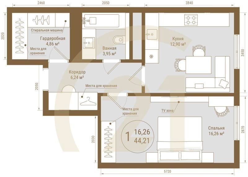 1-комн, 44.21 м², 23-24 этаж