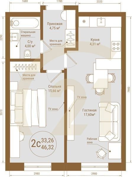 2-комн, 46.32 м², 14-25 этаж