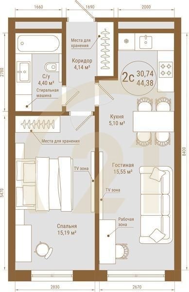 2-комн, 44.38 м², 11-25 этаж