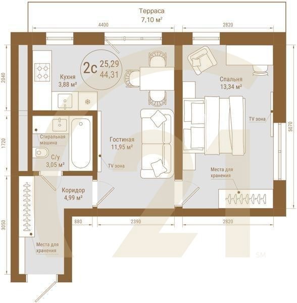 2-комн, 44.31 м², 3 этаж