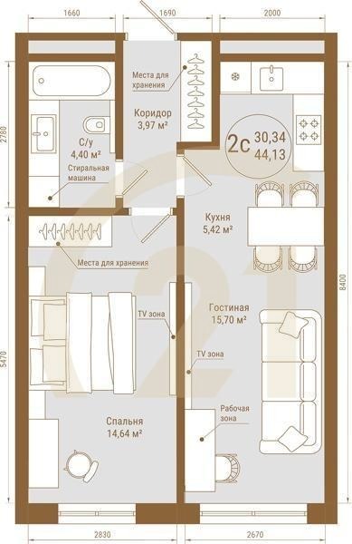2-комн, 44.13 м², 17-24 этаж