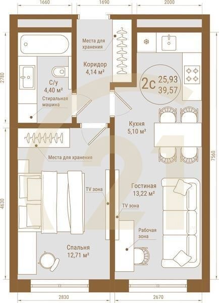 2-комн, 39.57 м², 3 этаж