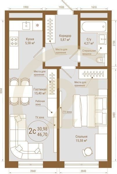 2-комн, 46.7 м², 12-25 этаж