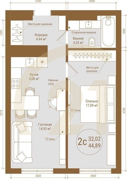 2-комн, 44.89 м², 16-25 этаж