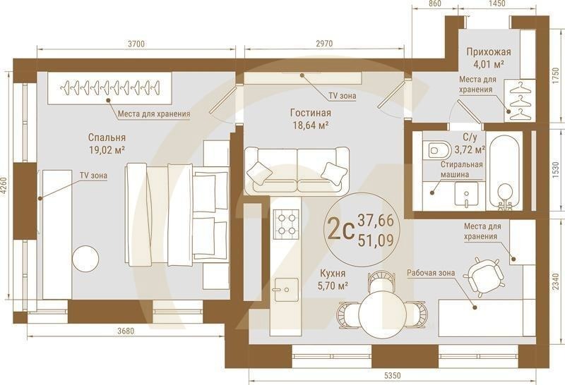 2-комн, 51.09 м², 22-25 этаж