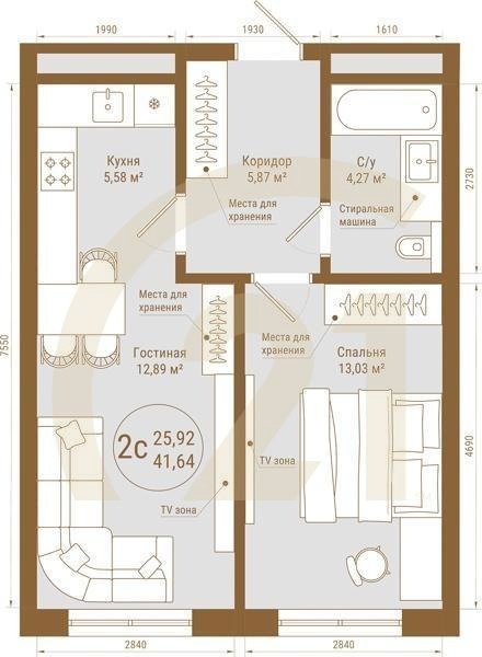 2-комн, 41.64 м², 3 этаж