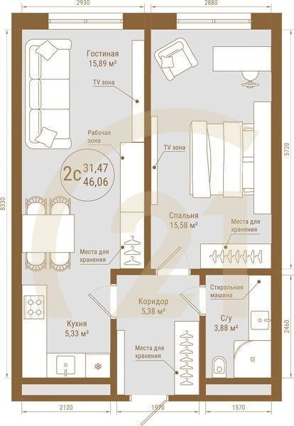 2-комн, 46.06 м², 12-25 этаж