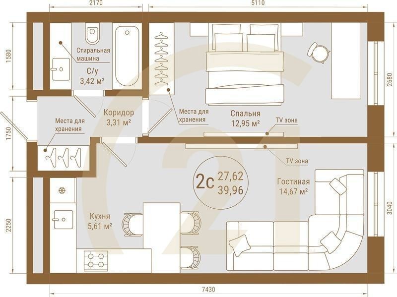 2-комн, 39.96 м², 22-25 этаж