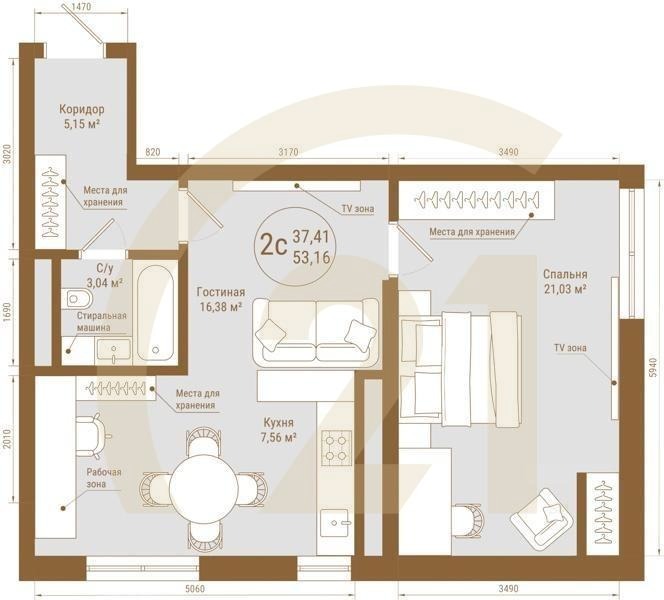 2-комн, 53.16 м², 15-21 этаж