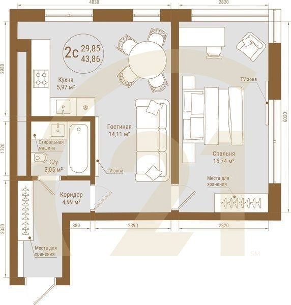 2-комн, 43.86 м², 12-25 этаж