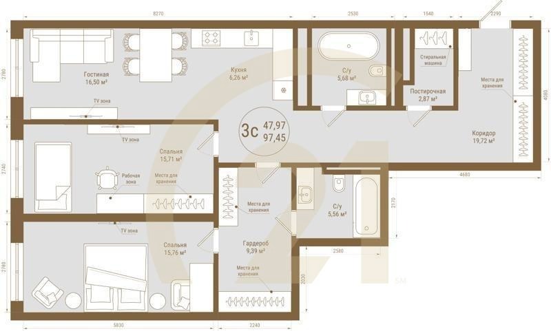 3-комн, 97.45 м², 5-6 этаж