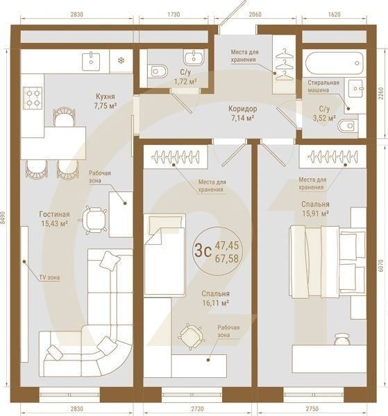 3-комн, 67.58 м², 22-24 этаж