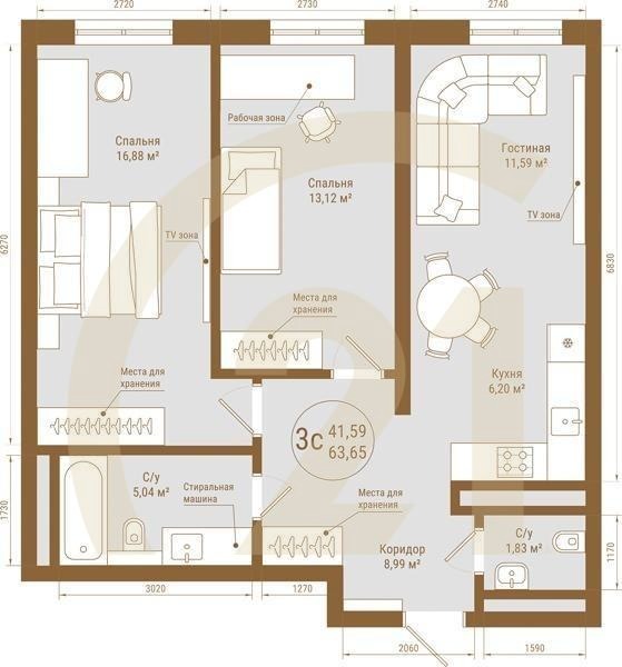 3-комн, 63.65 м², 23 этаж