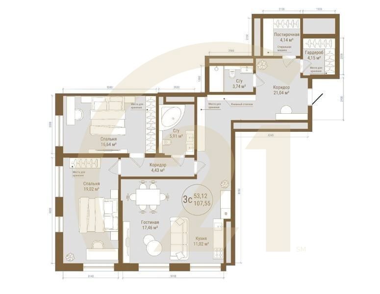 3-комн, 107.55 м², 4-7 этаж