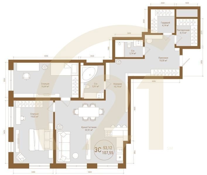 3-комн, 107.55 м², 4-7 этаж