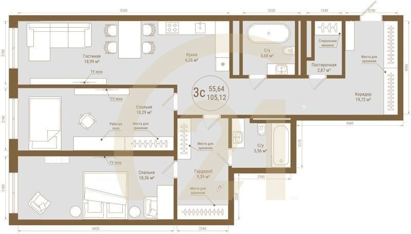 3-комн, 105.12 м², 8-25 этаж